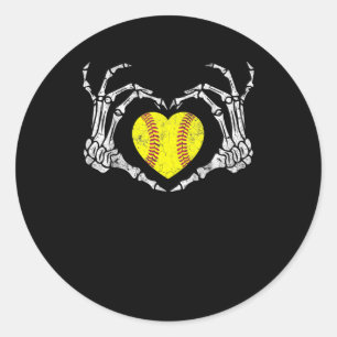 Softball Heart Skeleton Hand Halloween Funny Classic Round Sticker