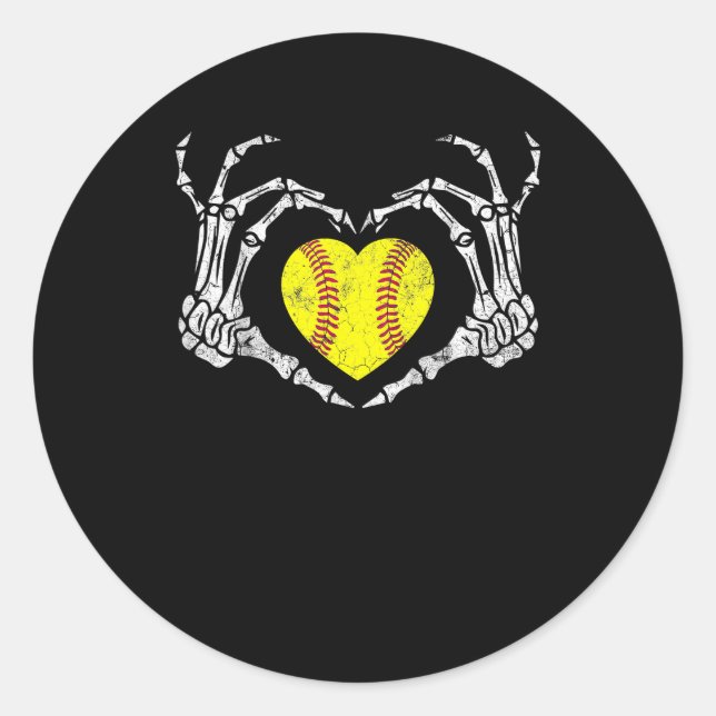 Softball Heart Skeleton Hand Halloween Funny Classic Round Sticker (Front)