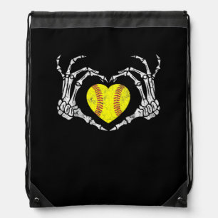 Softball Heart Skeleton Hand Halloween Funny Drawstring Bag