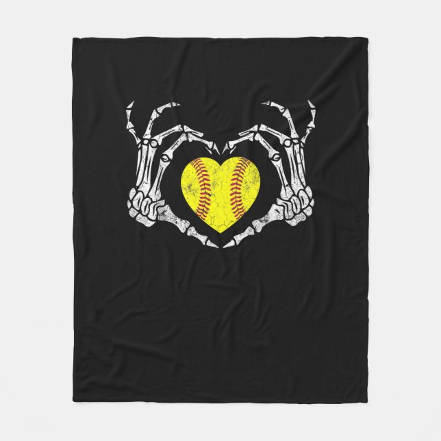 Softball Heart Skeleton Hand Halloween Funny Fleece Blanket (Front)