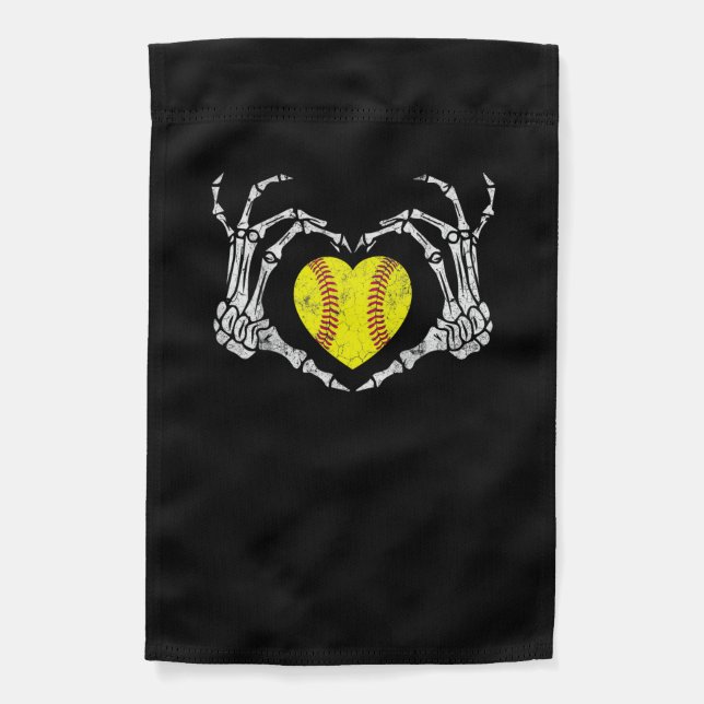 Softball Heart Skeleton Hand Halloween Funny Garden Flag (Front)