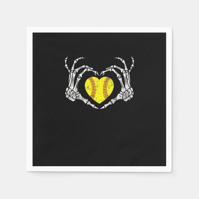 Softball Heart Skeleton Hand Halloween Funny Napkins (Front)
