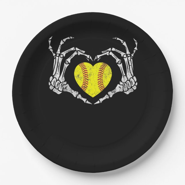 Softball Heart Skeleton Hand Halloween Funny Paper Plates (Front)