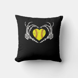 Softball Heart Skeleton Hand Halloween Funny Throw Pillow