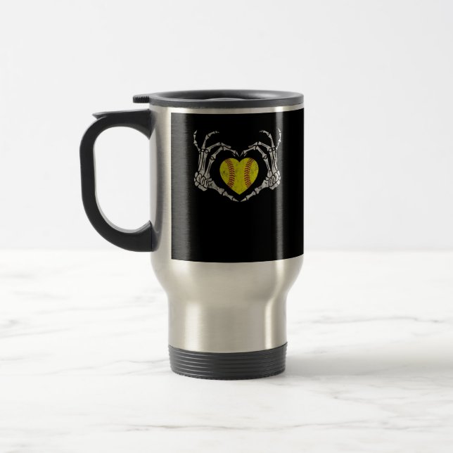 Softball Heart Skeleton Hand Halloween Funny Travel Mug (Left)