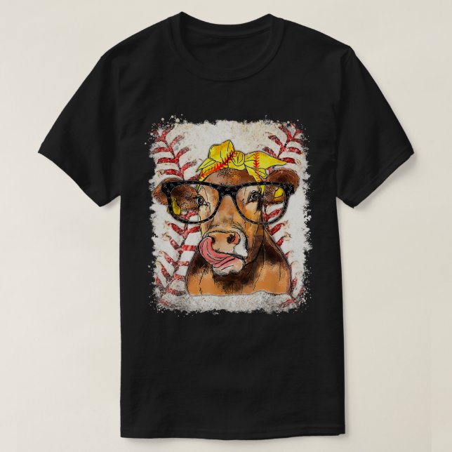 Softball Highland Cow Funny Softball Lover Bleache T-Shirt (Design Front)