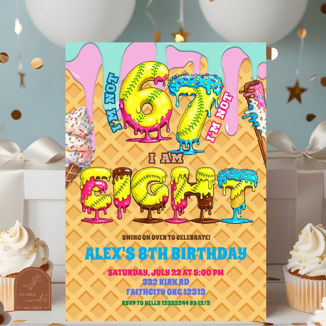 Softball Ice Cream Drip Six Seven boy 8th Birthday Invitation (Creator Uploaded)