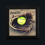 Softball in a Glove Tile Box<br><div class="desc">A great little box for holding all your little treasures. It features photograph of a yellow softball in a glove sitting in the dirt. You customize the text at the top.</div>