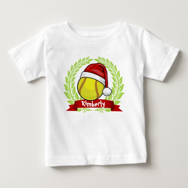 Softball In A Santa Hat Christmas Style Baby T-Shirt (Front)