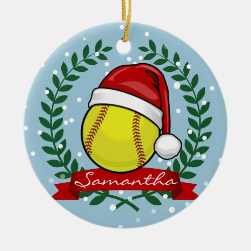 Softball In A Santa Hat Christmas Style Ceramic Ornament