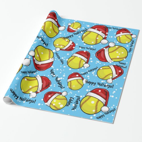 Softball In A Santa Hat Christmas Style Wrapping Paper