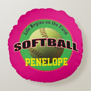 Softball Life on Pink and Green with Text Round Pillow