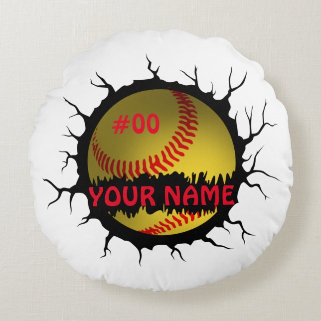 Softball Logo, Softball Custom Name, Softball Gift Round Pillow (Front)
