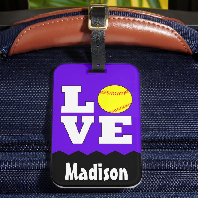 Softball LOVE Custom Name and Color Cute Bag Tag (Front Insitu 2)