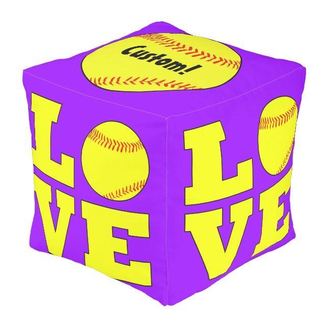 Softball LOVE Indoor/Outdoor Beanbag Square Pouf (Angled Front)