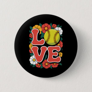 Softball Love Retro Flower Power Sports Button