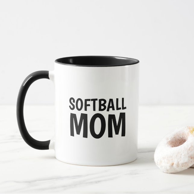 Softball Mom, black white Two-Tone Coffee Mug (With Donut)