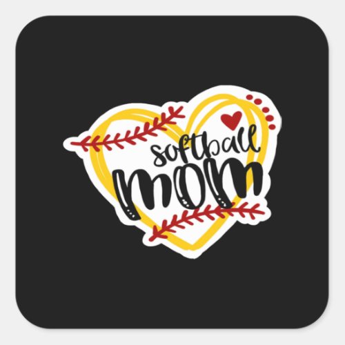 Softball mom heart ball square sticker