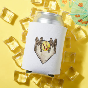 Softball Mom Leopard Home Plate  Custom Number Can Cooler