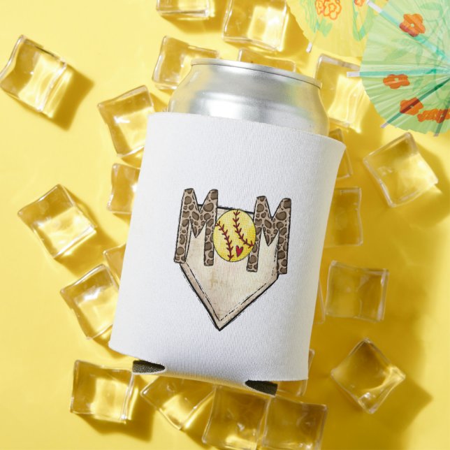 Softball Mom Leopard Home Plate  Custom Number Can Cooler (In Situ Summer)