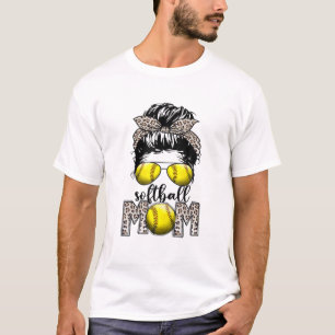 Softball Mom Life Leopard Messy Bun Game Day Gifts T-Shirt