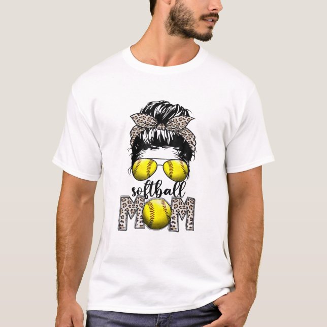 Softball Mom Life Leopard Messy Bun Game Day Gifts T-Shirt (Front)