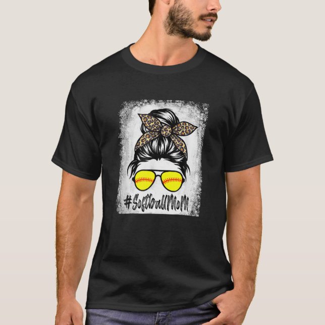 Softball Mom Life Messy Bun Leopard Mother's Day B T-Shirt (Front)