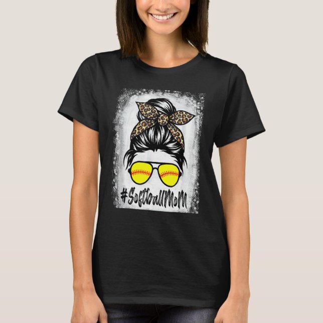 Softball Mom Life With Leopard And Messy Bun Playe T-Shirt (Front)