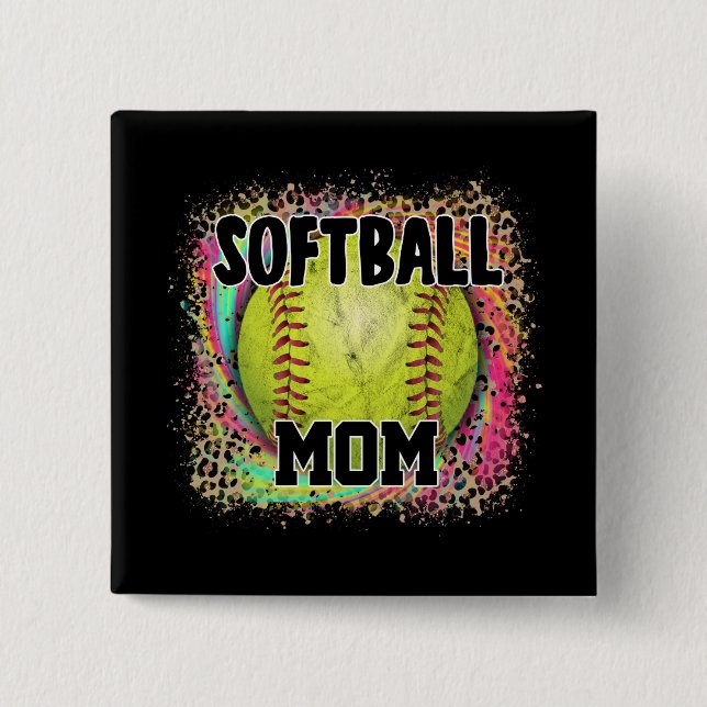 Softball Mom Tie Dye Leopard Print Yellow Ball Button (Front)
