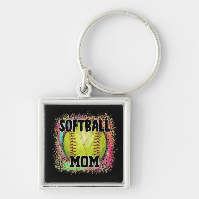 Softball Mom Tie Dye Leopard Print Yellow Ball Keychain (Front)