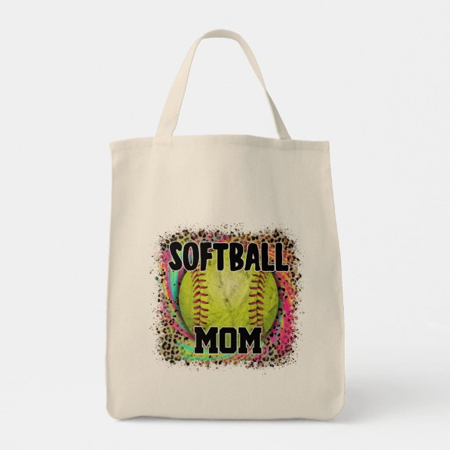 Softball Mom Tie Dye Leopard Print Yellow Ball Tote Bag (Back)