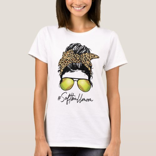 Softball Mom With Leopard And Messy Bun T_Shirt