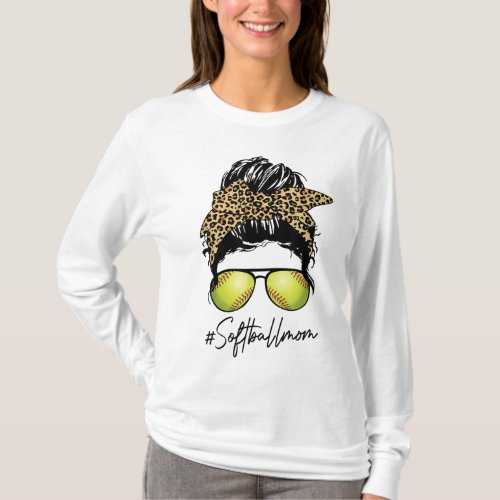 Softball Mom With Leopard And Messy Bun T_Shirt
