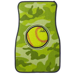 Softball on bright green camo, camouflage car mat