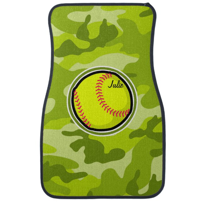 Softball on bright green camo, camouflage car mat (Front)
