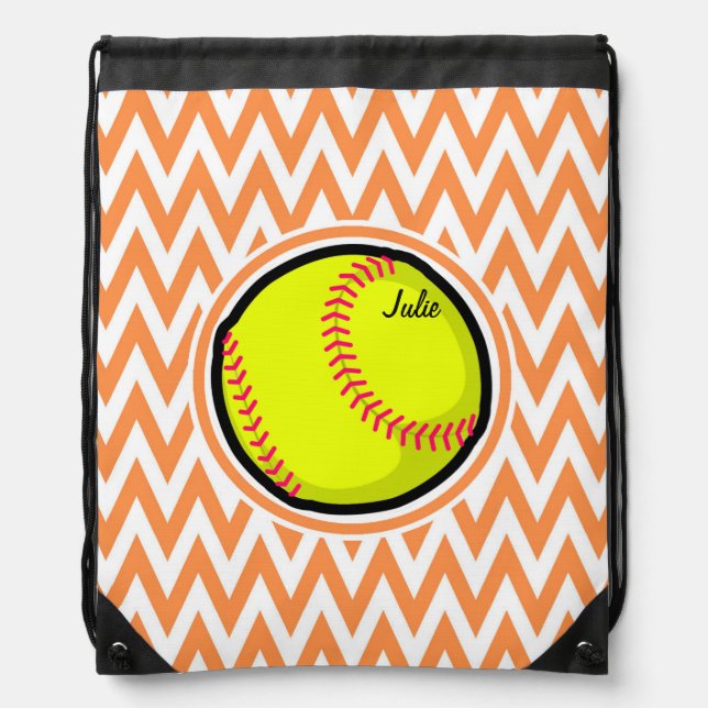 Softball; Orange and White Chevron Drawstring Bag (Front)