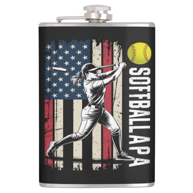 Softball Papa American US Flag Flask (Front)