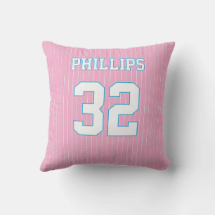 Softball Pink Blue and White Jersey Throw Pillow