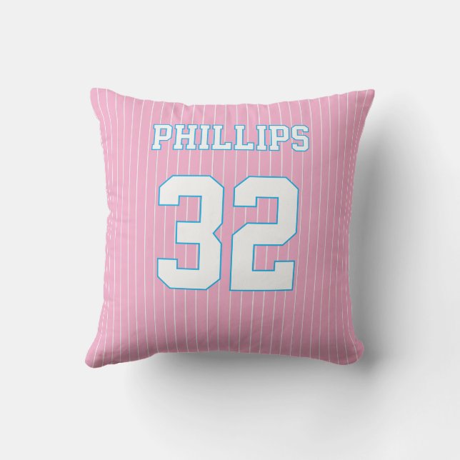 Softball Pink Blue and White Jersey Throw Pillow (Back)