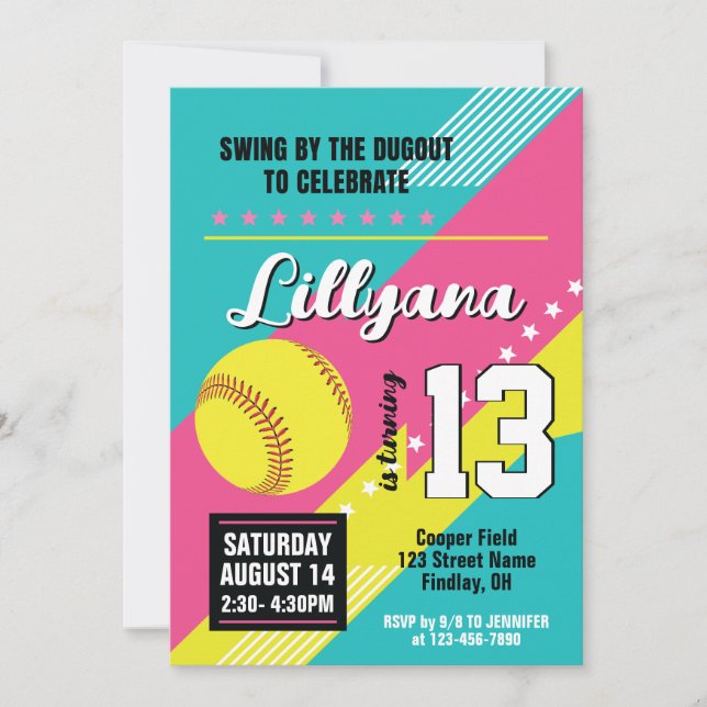 Softball Pink Teal Yellow Birthday Party, Any Age Invitation (Front)