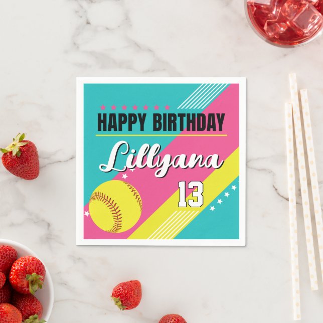 Softball Pink Teal Yellow Birthday Party, Any Age Napkins (Insitu)