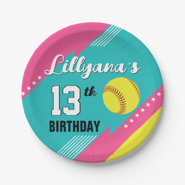 Softball Pink Teal Yellow Birthday Party, Any Age Paper Plates (Front)