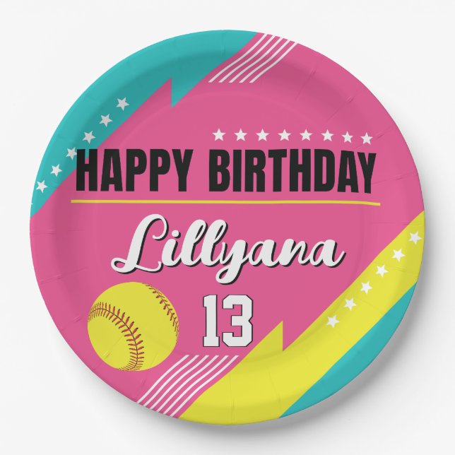 Softball Pink Teal Yellow Birthday Party, Any Age Paper Plates (Front)