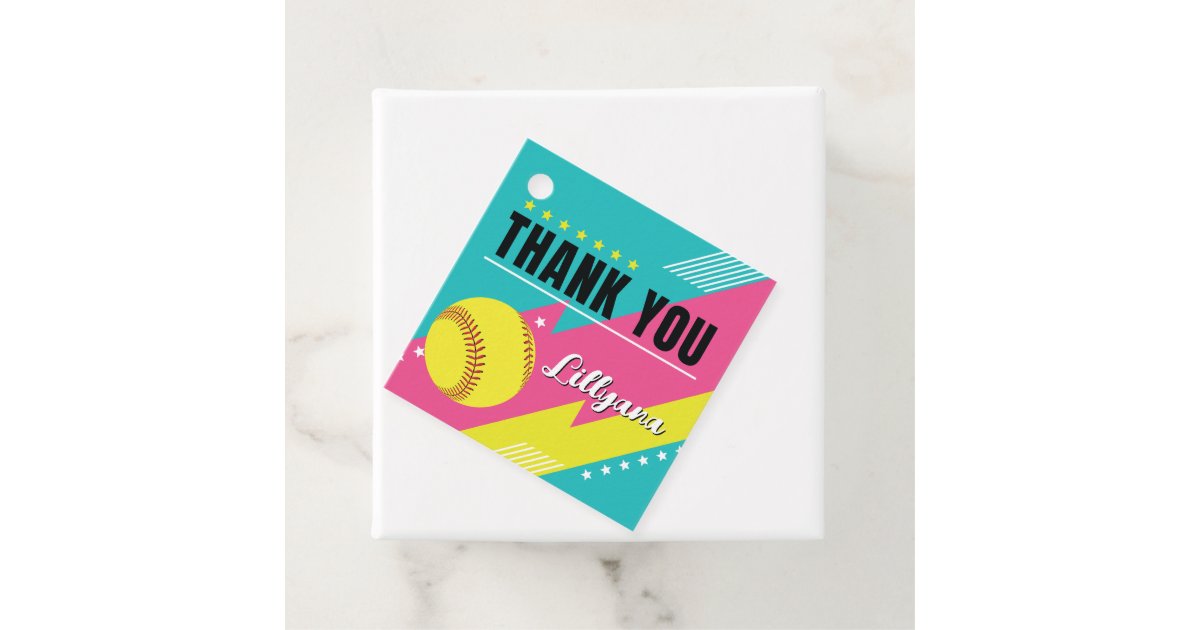 Softball Pink Teal Yellow Birthday Party Thank You Favor Tags | Zazzle