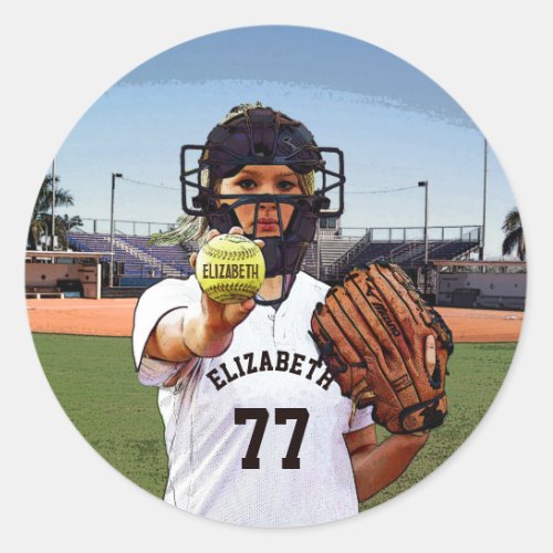 Softball Player Catcher With Your Name And Number Classic Round Sticker