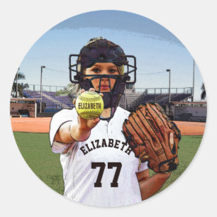 Softball Player Catcher With Your Name And Number Classic Round Sticker