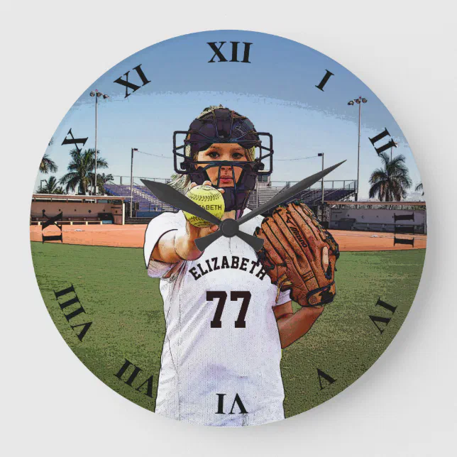 Softball Player Catcher With Your Name And Number Large Clock | Zazzle