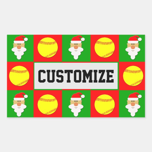 Softball Player Christmas Santa Custom Name / Text Rectangular Sticker (Front)