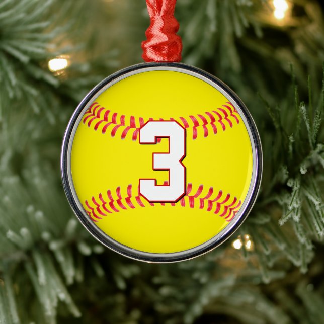 Softball Player Custom Jersey Number Christmas Metal Ornament (Tree)