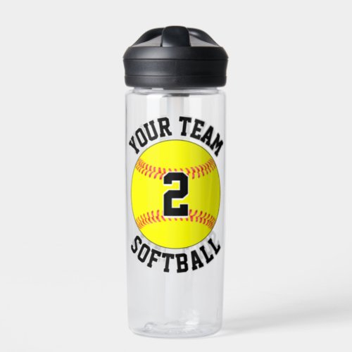 Softball Player Custom Team Name and Jersey Number Water Bottle